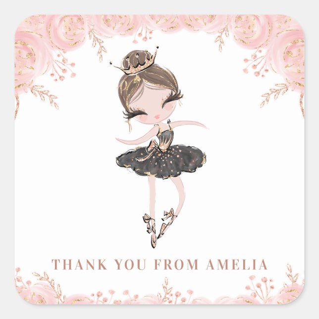 Brünette Ballerina in Black Dress Floral Geburtsta Quadratischer Aufkleber (Vorderseite)