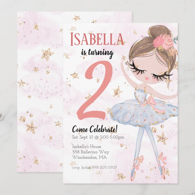 Brunette Ballerina Invitation de fête d'anniversai (Devant / Derrière)