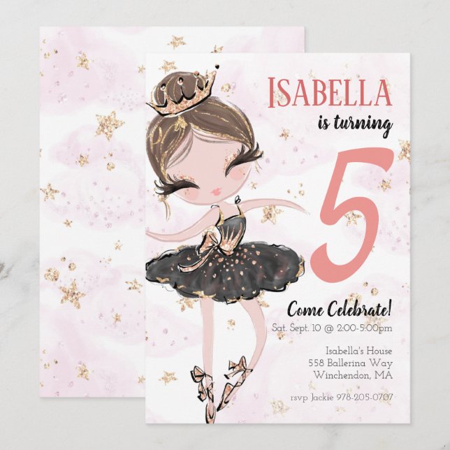 Brunette Ballerina Invitation de fête d'anniversai (Devant / Derrière)