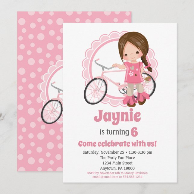 Brunette Bicycle Girl Invitation Anniversaire (Devant / Derrière)
