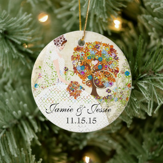 Brünette Birdesmaid Blume Tree Keramikornament (Baum)