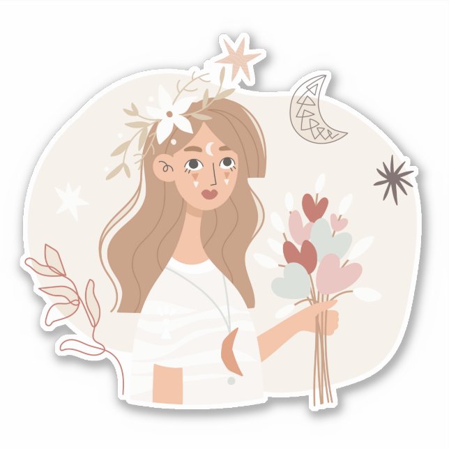 Brünette Boho Bouquet-Blume Mond Stars Line Art Aufkleber (Vorderseite)