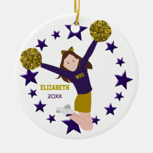 Brünette Cheerleader Pom Poms in Lila u. im Gold Keramikornament