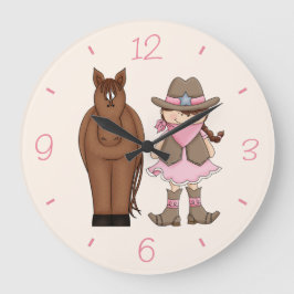 Brünette Cowgirl- und Pferdewall-Uhr Große Wanduhr