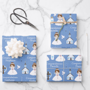 Brünette Erste Kommunion Girl Geschenkpapier Set