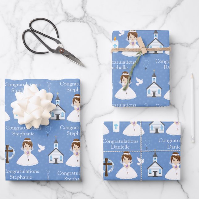 Brünette Erste Kommunion Girl Geschenkpapier Set (Vorderseite)