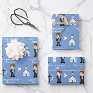 Brunette First Communion Boy Wrapper Feuilles Papi