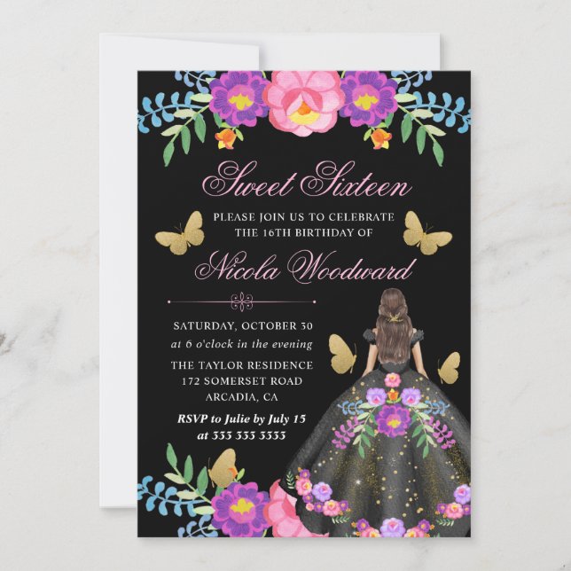 Brünette Frau im mexikanischen Blumenkleid Sweet 1 Einladung (Vorderseite)