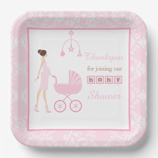 Brünette Frauendusche aus Pink Damask Pappteller (Vorderseite)