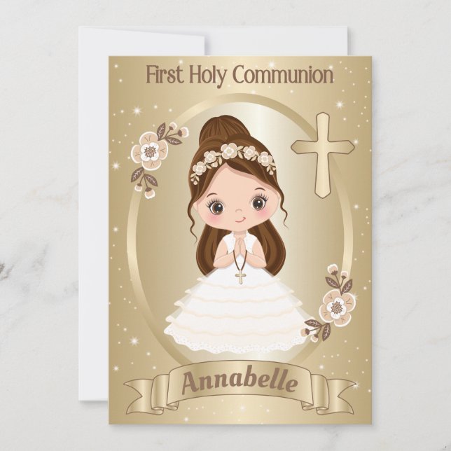 Brunette Girl First Holy Communion Invitation (Devant)