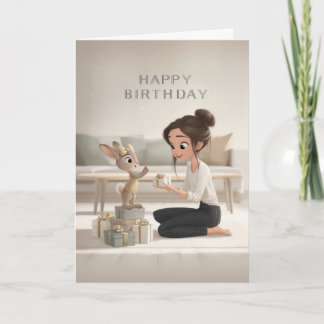 Brunette Girl Giving Bunny in Gold Birthday Gift Karte