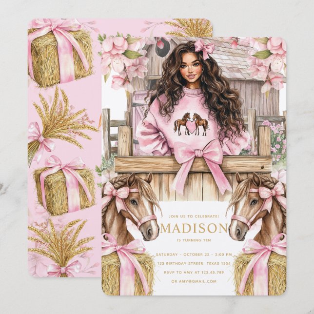 Brunette Girl Horse Birthday Invitation (Devant / Derrière)