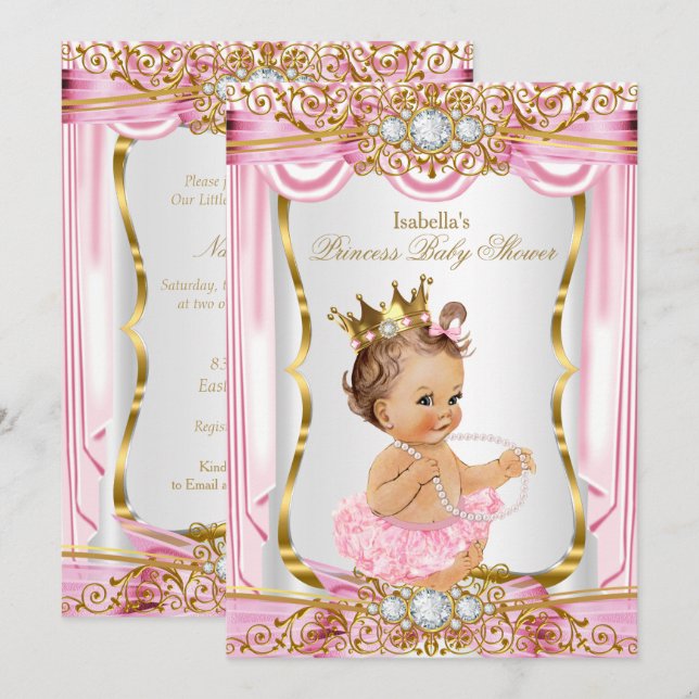 Brünette Girl Princess Kinderdusche Rosa Seide Gol Einladung (Vorne/Hinten)