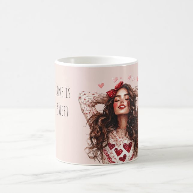 Brunette Girl Red Hearts Valentine's Day Love Kaffeetasse (Mittel)