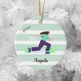 Brunette Girl Skating Rollerblading Name & Year  Keramik Ornament