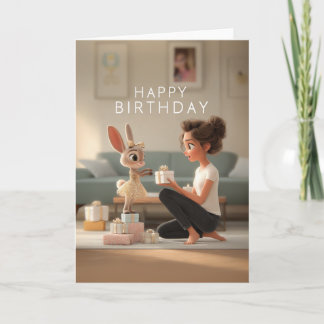 Brunette Girl w/ Cute Bunny in Gold Birthday Dress Karte