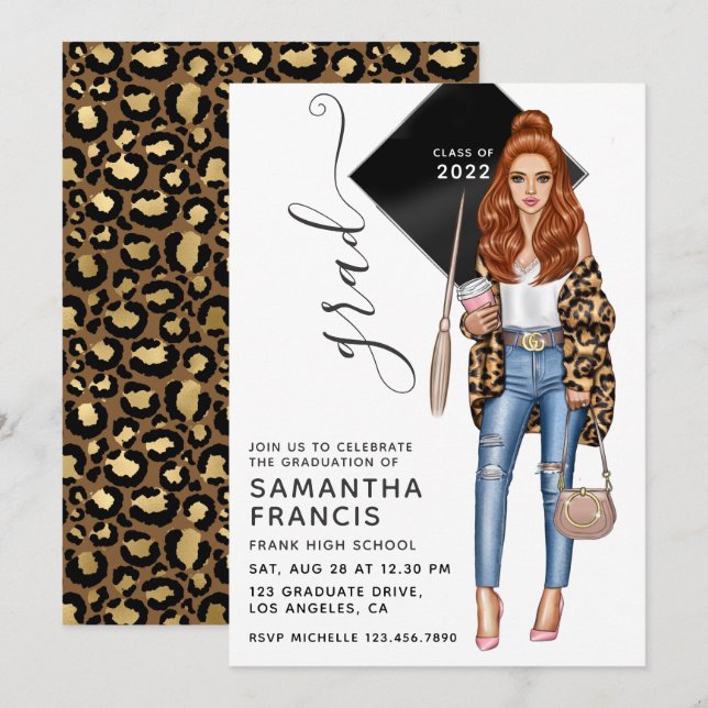 Brunette Leopard Fille Graduation Party Invitation (Devant / Derrière)