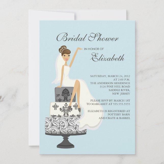 Brunette Mariée Douche nuptiale Invitation Blue Gr (Devant)