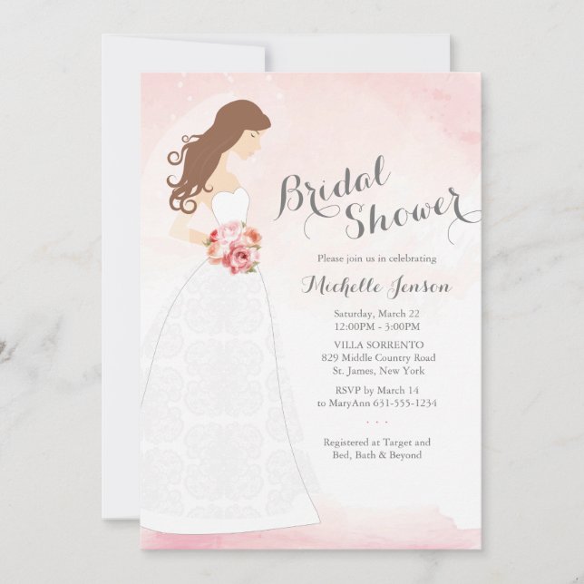Brunette mariée en robe nuptiale douche Invitation (Devant)