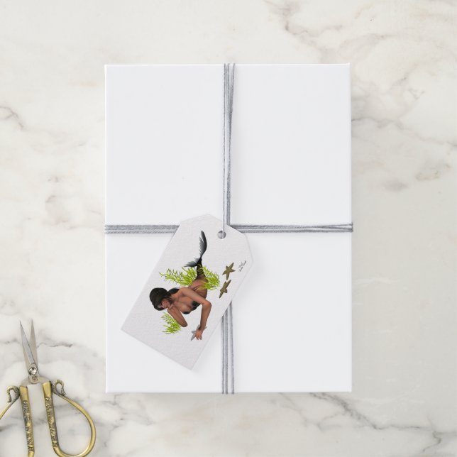 Brünette Meerjungfrau mit Starfish-Geschenkmarke Geschenkanhänger (Mit Garn)