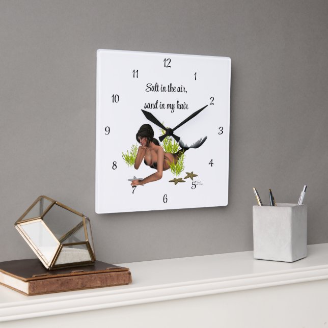 Brünette Meerjungfrau mit Starfish-Uhr Quadratische Wanduhr (Büro)