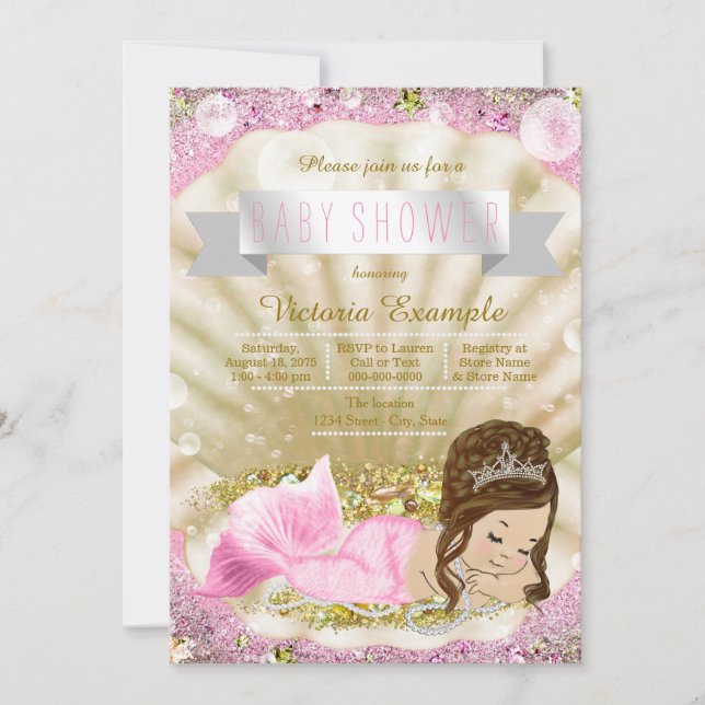 Brünette Mermaid Baby Dusche in Rosa und Gold Einladung (Vorderseite)