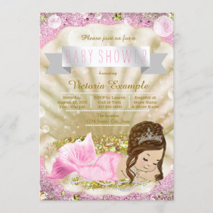 Brünette Mermaid Baby Dusche in Rosa und Gold Einladung