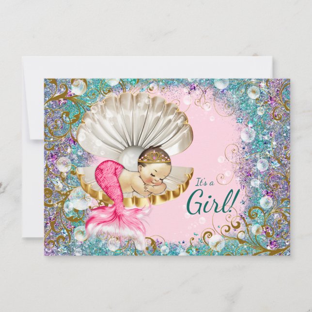 Brünette Mermaid Baby Shower Einladungen (Vorderseite)