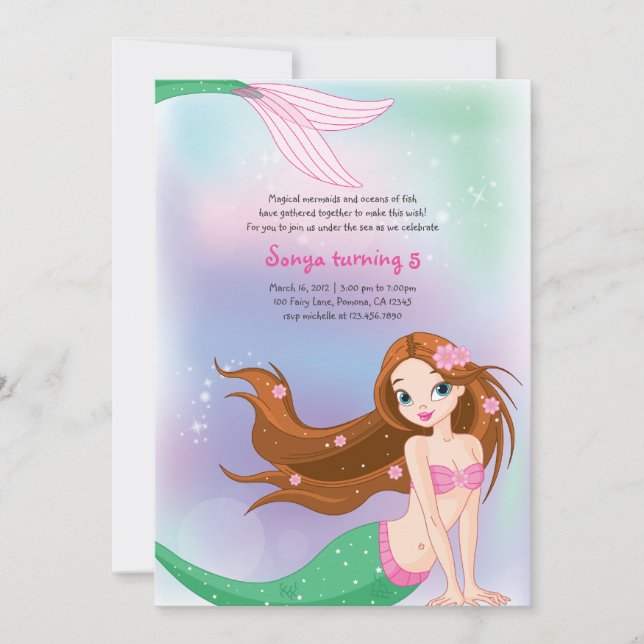 Brunette Mermaid Carte d'invitation d'anniversaire (Devant)