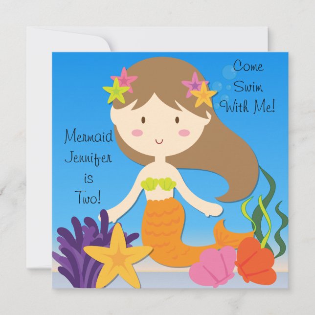 Brünette Mermaid Custom Birthday Einladung (Vorderseite)