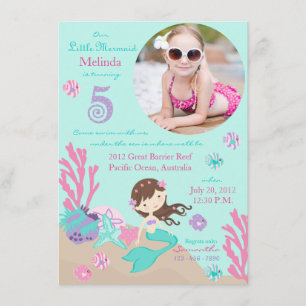 Brünette Mermaid Fünfter Geburtstag Einladung