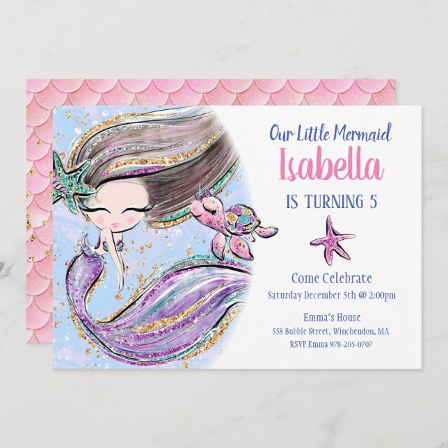 Brunette Mermaid Invitation de fête d'anniversaire (Devant / Derrière)