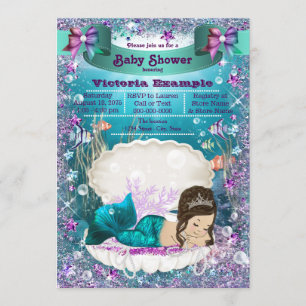 Brünette Mermaid Princess Babydusche Einladung