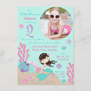 Brünette Mermaid Zweiter Geburtstag Einladung