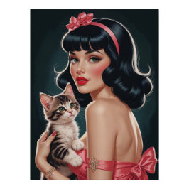 Brunette Pin-Up avec Poster Portrait Cute Kitten