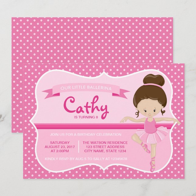 Brunette Pink Ballerina Invitation Anniversaire (Devant / Derrière)