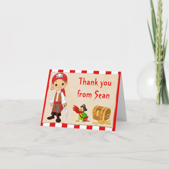 Brunette Pirate Boy Birthday Thank You Note Card Dankeskarte (Vorderseite)
