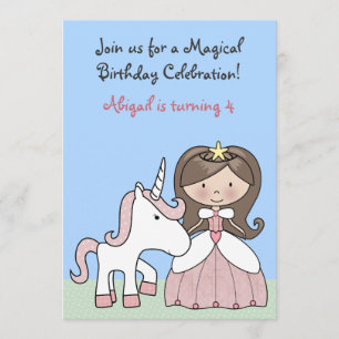 Brunette Princess et Unicorn Invitation d'annivers