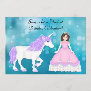 Brunette Princess et Unicorn Invitation d'annivers