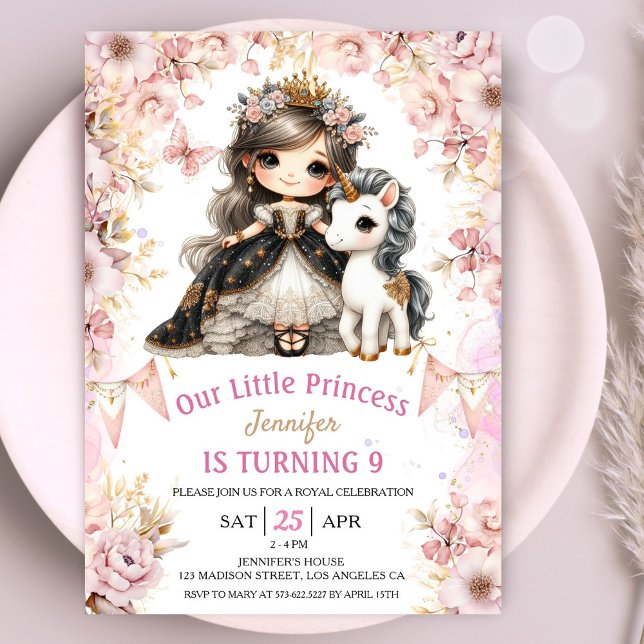 Brunette Princess Unicorn 9e Invitation anniversai (Créateur téléchargé)