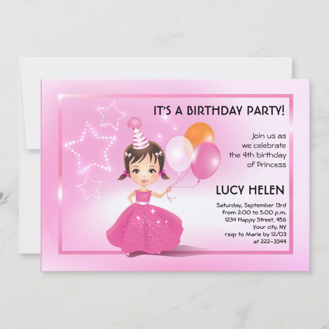 Brünette Prinzessin Kinder Geburtstagsparty Einlad Einladung (Vorderseite)