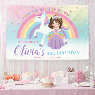 Brünette Prinzessin Unicorn Geburtstag Rainbow Wil Banner