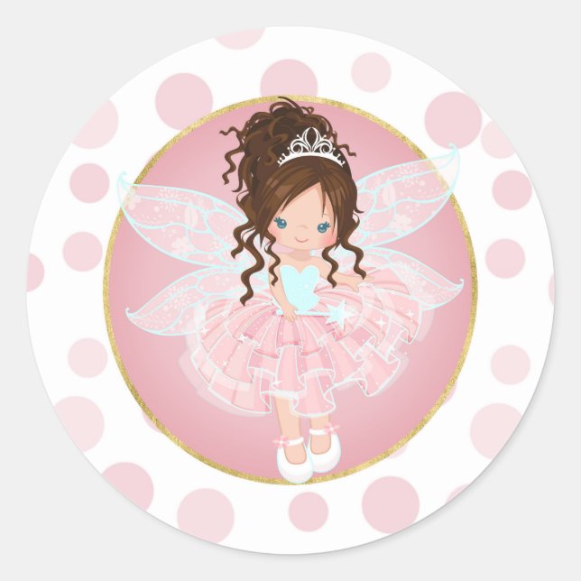 Brünette Rosa Fairy Runder Aufkleber (Vorderseite)
