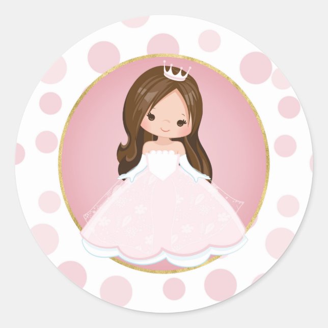 Brünette Rosa Prinzessin Runder Aufkleber (Vorderseite)