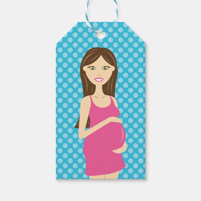 Brünette schwangere Frau in rosa Kleid Geschenkanhänger (Vorderseite)