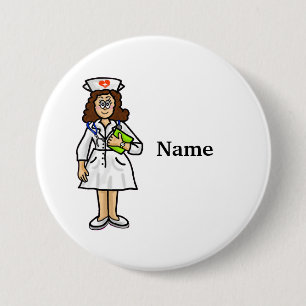 Brünette weibliche Krankenschwester Button Name hi