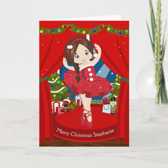 Brünette Weihnachtsballerina Feiertagskarte (Vorderseite)