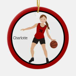Brünetter Basketballspieler für Mädchen in Rot  Keramik Ornament