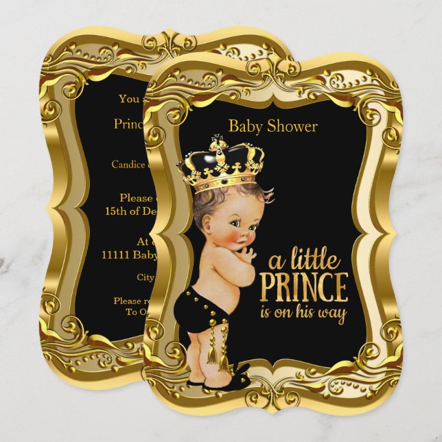 Brünetter Boy Prince Baby Dusche Black Gold Einladung (Vorne/Hinten)