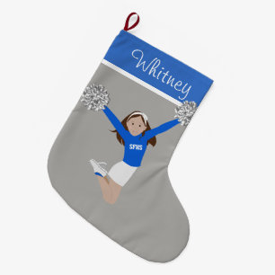 Brünetter Cheerleader in White & Blue Großer Weihnachtsstrumpf